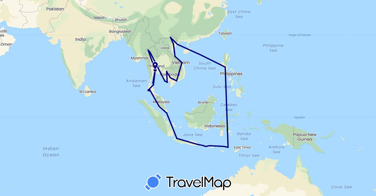 TravelMap itinerary: driving in Indonesia, Cambodia, Malaysia, Philippines, Singapore, Thailand, Vietnam (Asia)